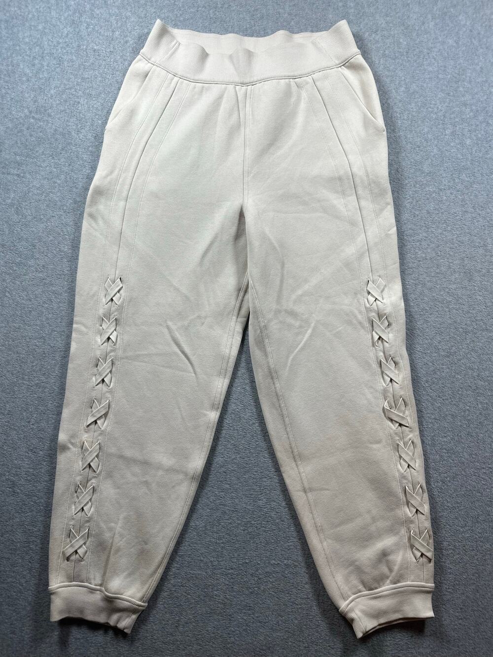 Lululemon French Terry Joggers Pants Women SZ 8 Cream Elastic Waist Lace Up Side
